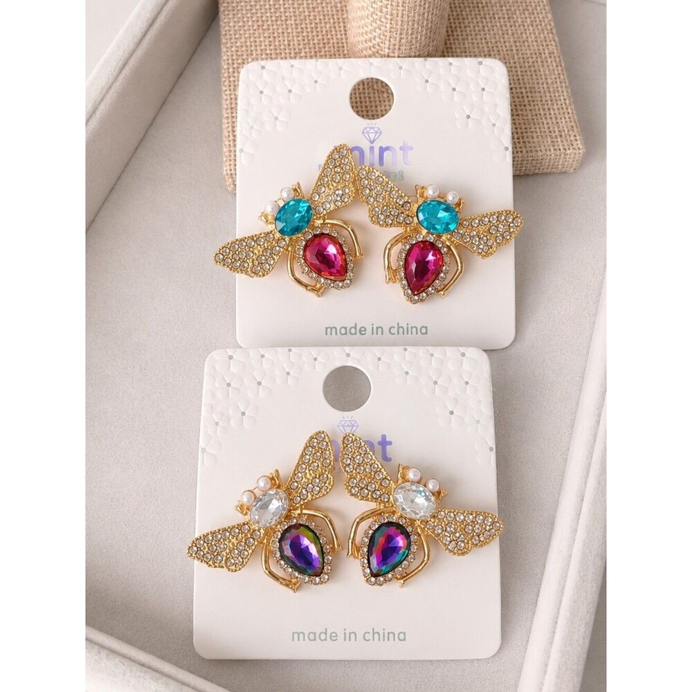 2pc Sparkling Bee Rhinestone Statement Earrings – Gold Tone | Crystal & Pearls